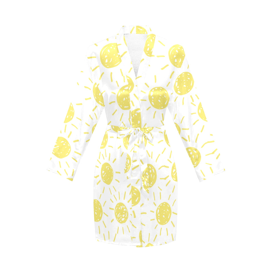 hand drawn sun pattern Women's Long Sleeve Belted Night Robe