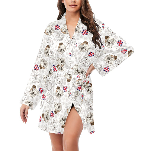 English Bulldog Pattern Print Design 01 Women's Long Sleeve Belted Night Robe