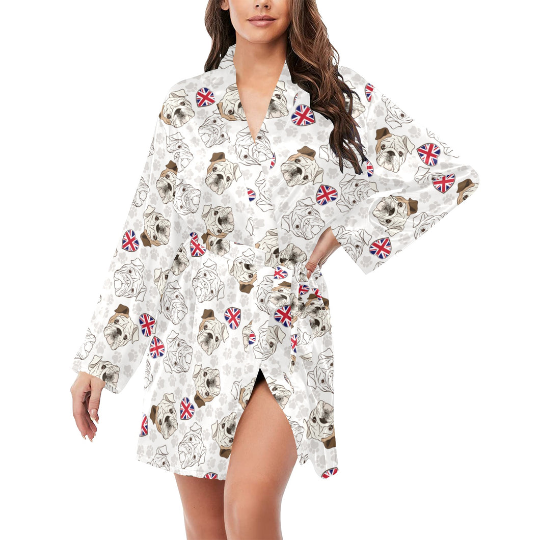 English Bulldog Pattern Print Design 01 Women's Long Sleeve Belted Night Robe