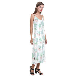 Pastel color cactus pattern V-Neck Open Fork Long Dress