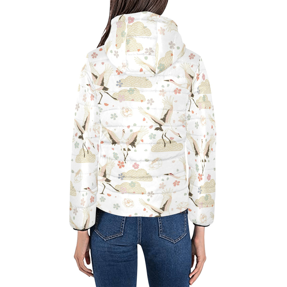 Beautiful Japanese cranes pattern Women's Padded Hooded Jacket