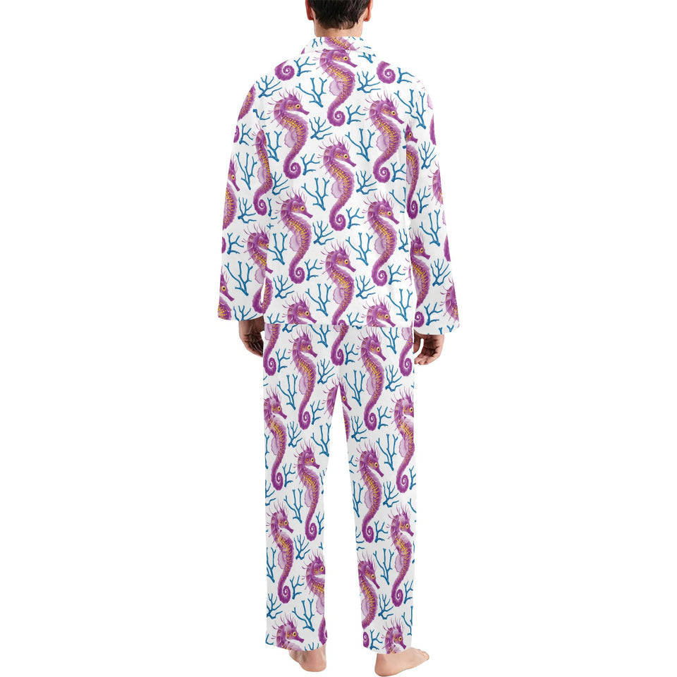 Purple seahorse blue coral pattern Men's Long Pajama Set