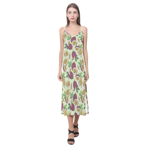 Paassion fruit pattern V-Neck Open Fork Long Dress