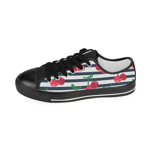 Hand drawn cherry pattern striped background Kids' Boys' Girls' Low Top Canvas Shoes Black