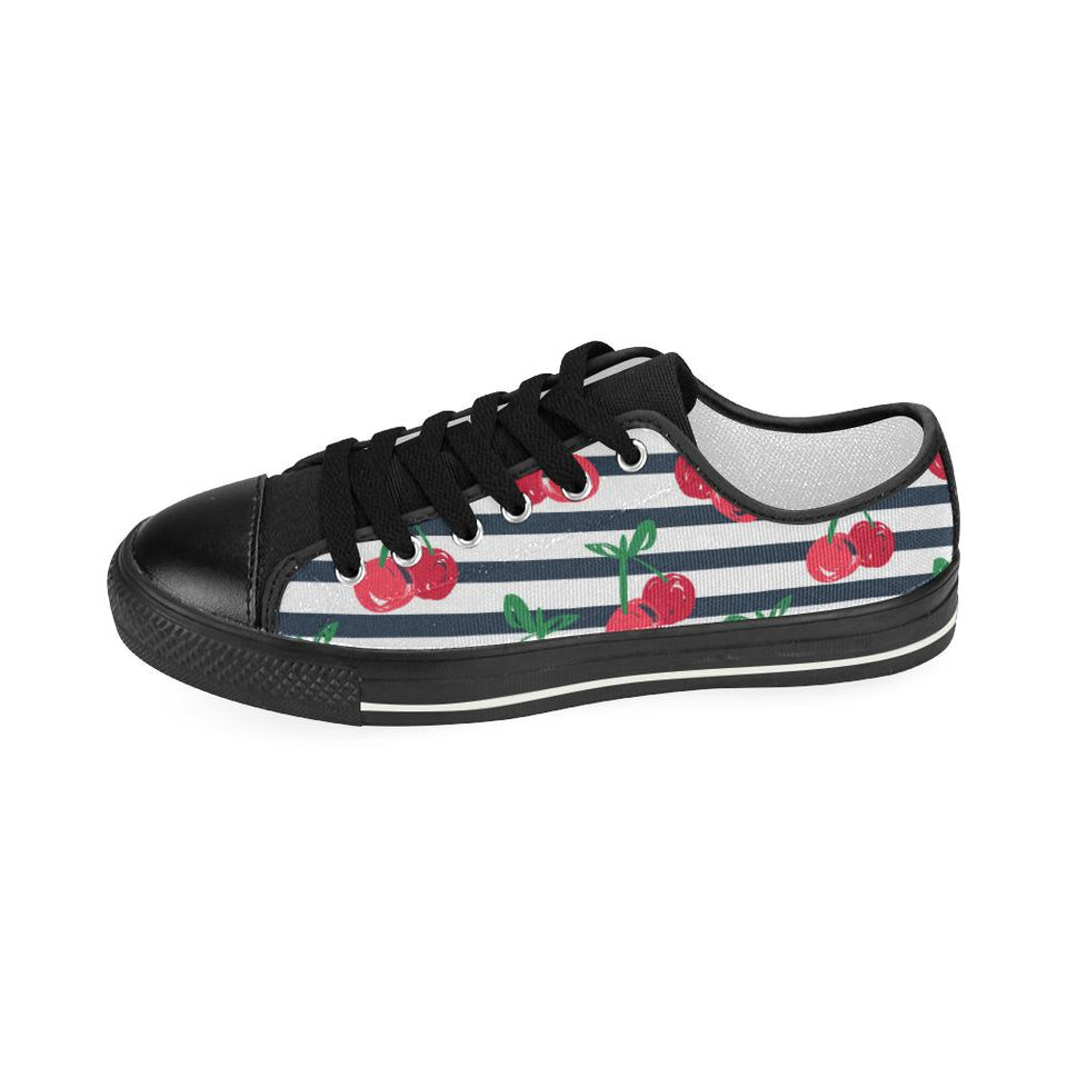 Hand drawn cherry pattern striped background Kids' Boys' Girls' Low Top Canvas Shoes Black