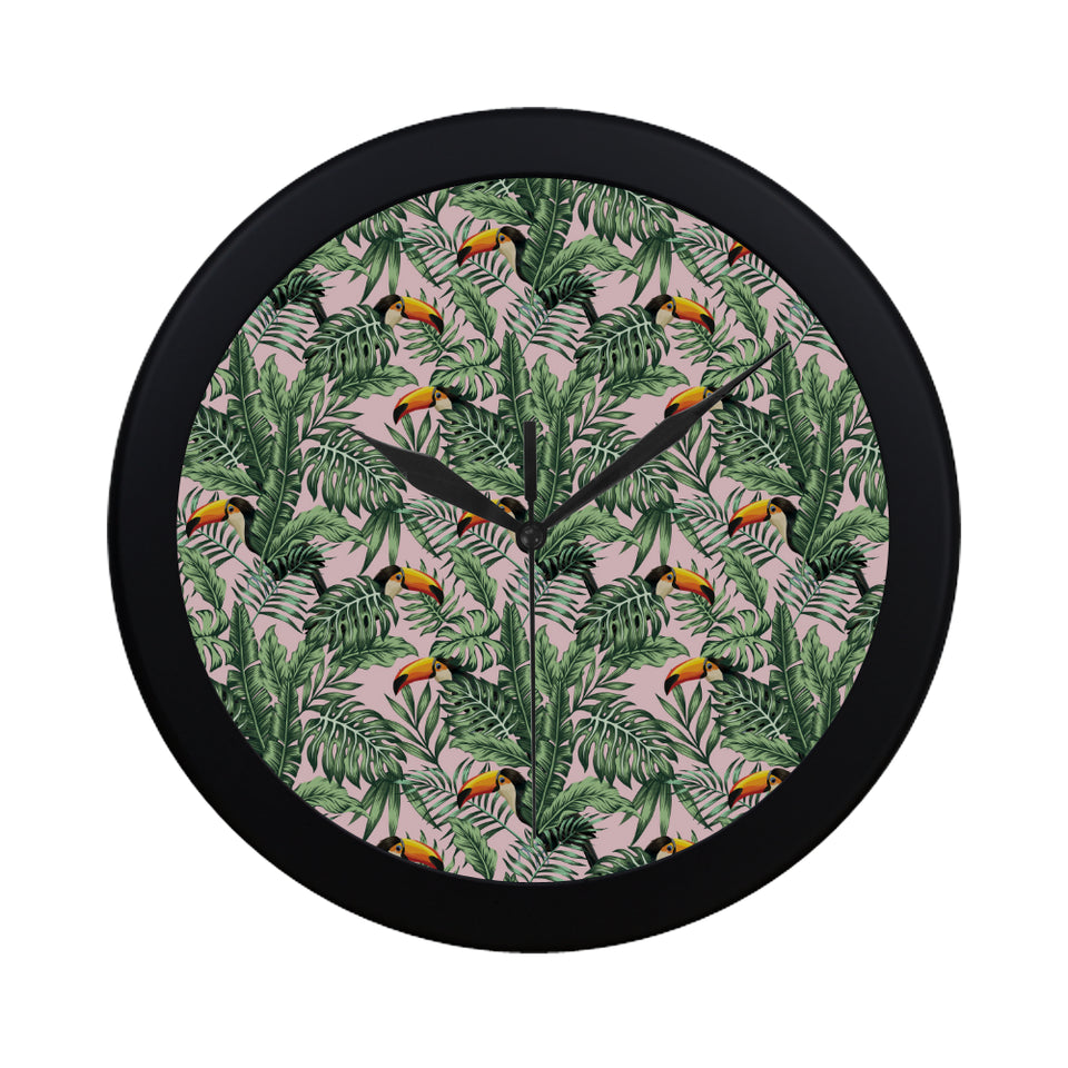 Toucan tropical green jungle palm pattern Elegant Black Wall Clock