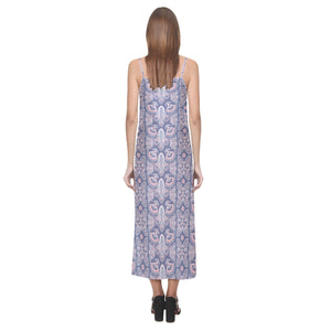 Indian Batik Style pattern V-Neck Open Fork Long Dress