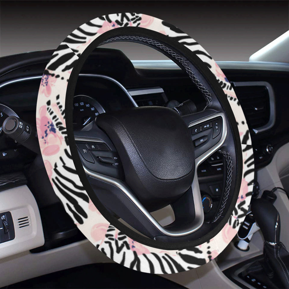 Zebra pink flower background Car Steering Wheel Cover