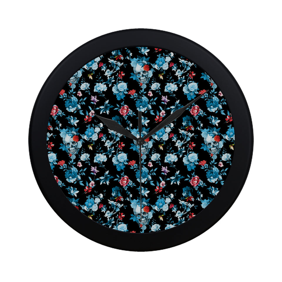 Skull flower roses leave pattern Elegant Black Wall Clock