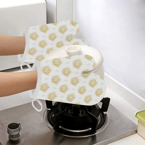 Gold Ornamental lotue waterlily symbol pattern Heat Resistant Oven Mitts