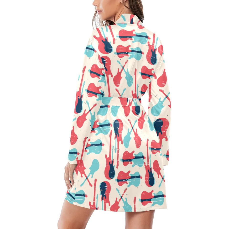 Red Blue guitar pattern Women's Long Sleeve Belted Night Robe