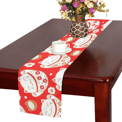 Cute Maneki neko cat red background Table Runner