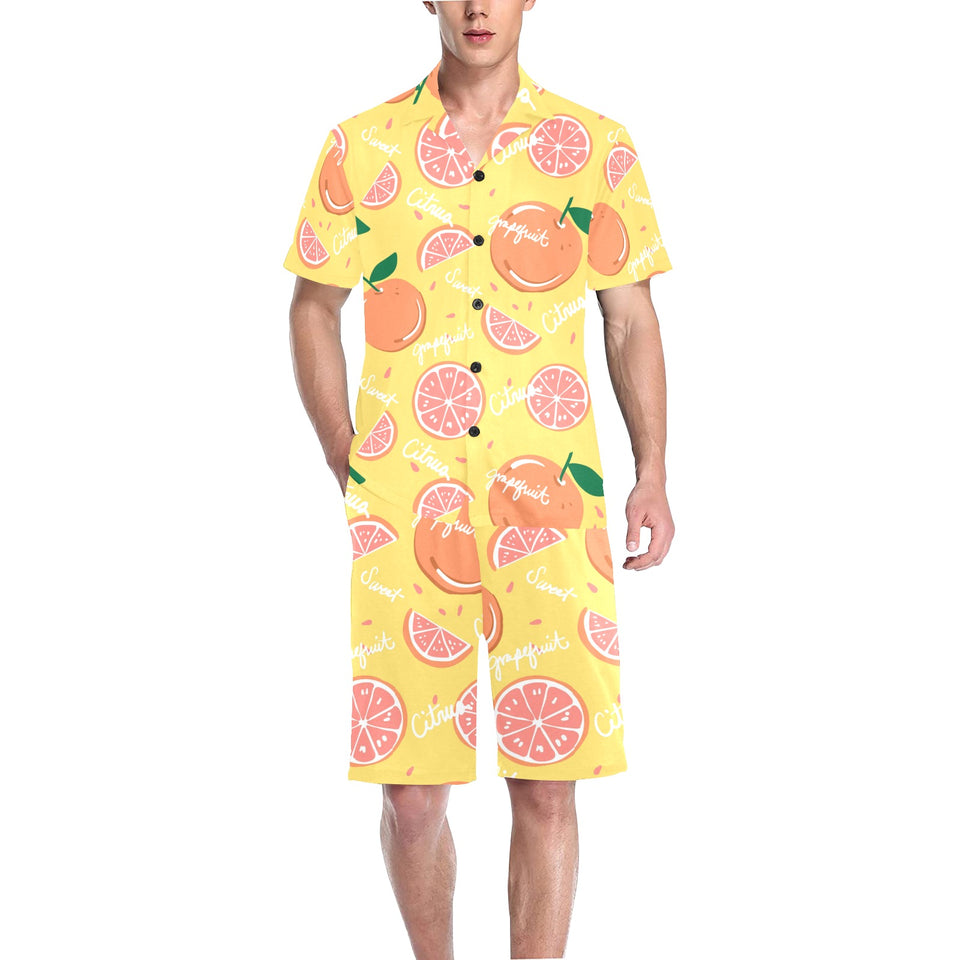 Grapefruit yellow background Men's V-Neck Short Pajama Set