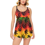 Canabis Marijuana Weed Pattern Print Design 03 Chest Sexy Pleated Two Piece Swim Dress