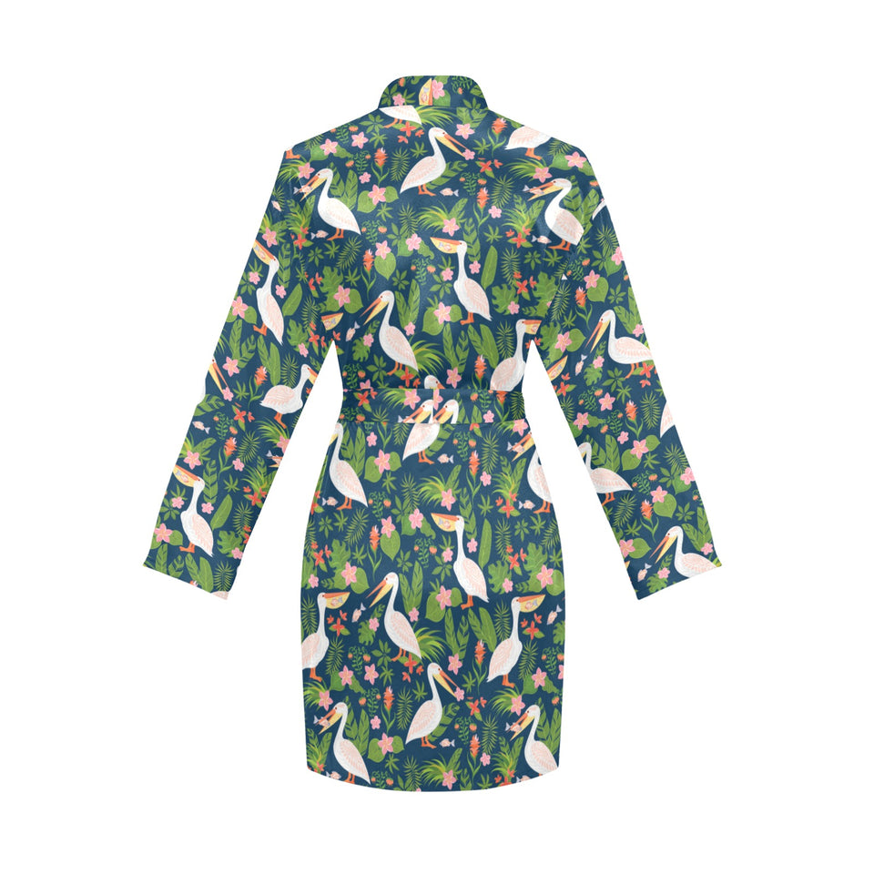 Pelican Pattern Print Design 05 Women's Long Sleeve Belted Night Robe
