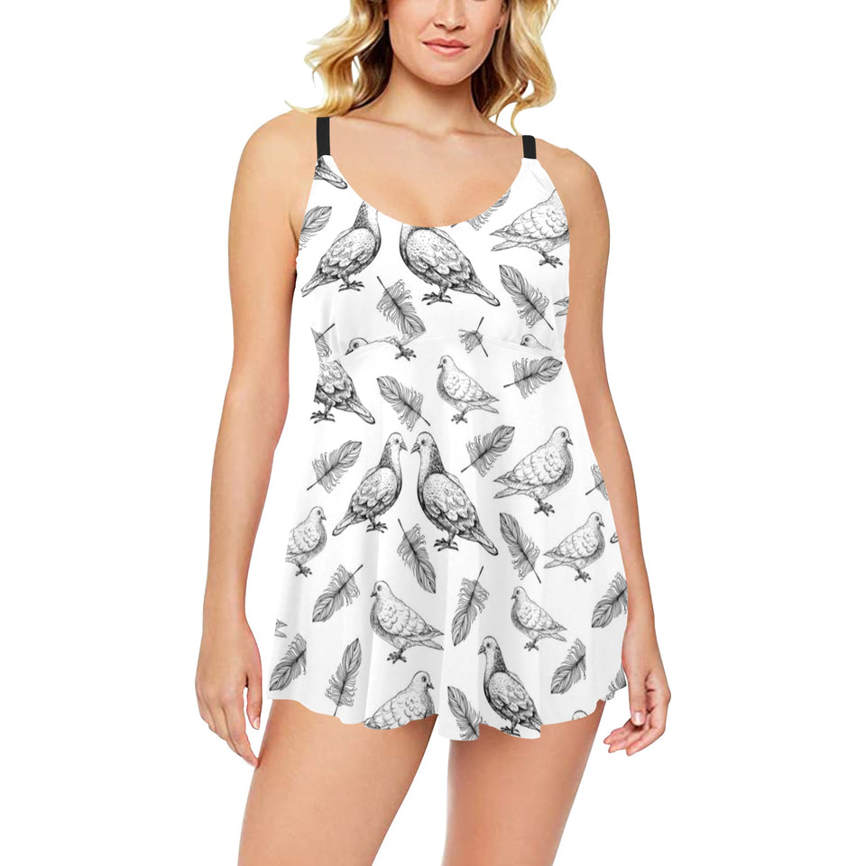 Pigeon Pattern Print Design 05 Chest Sexy Pleated Two Piece Swim Dress