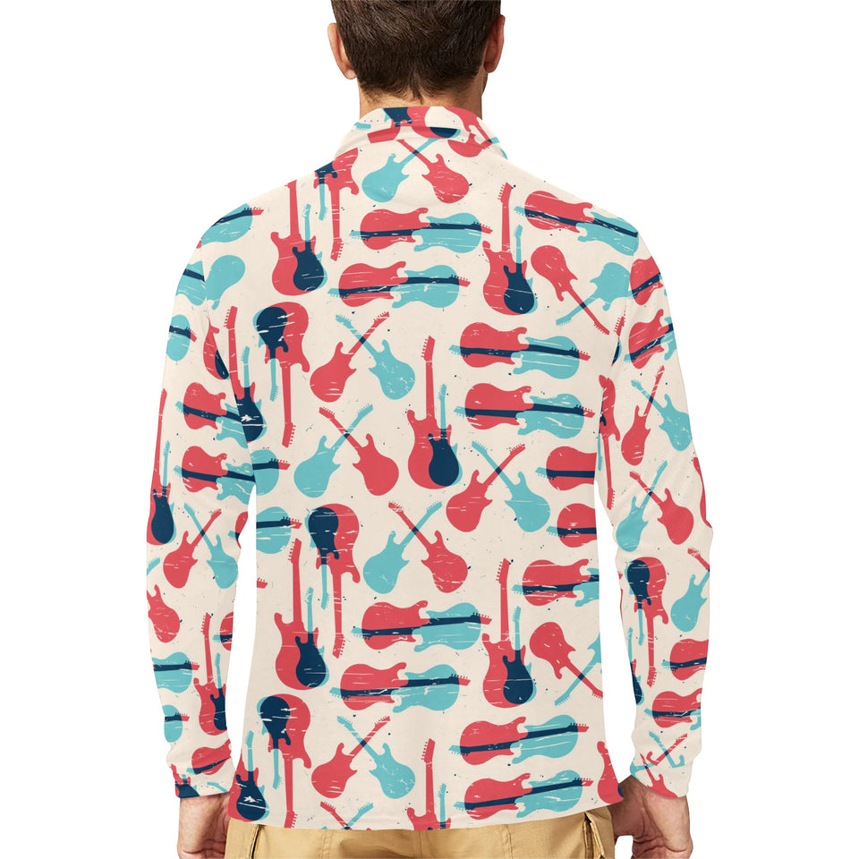 Red Blue guitar pattern Men's Long Sleeve Polo Shirt