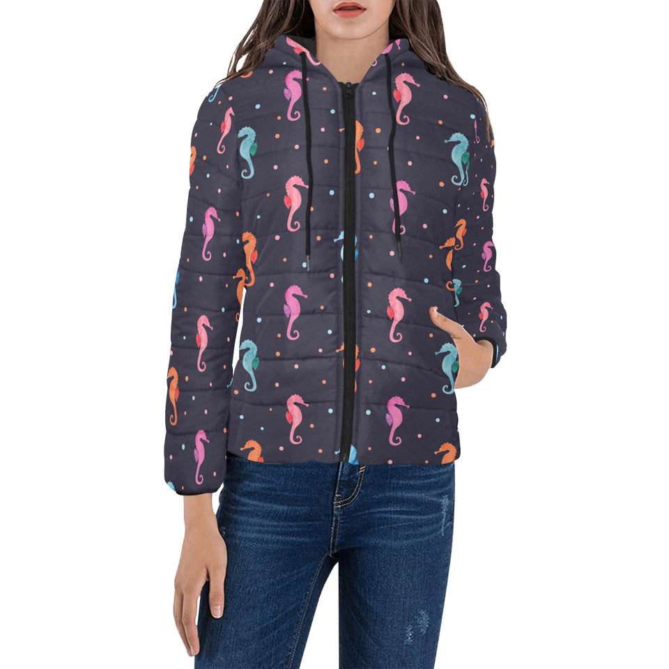Watercolor colorful seahorse pattern Women's Padded Hooded Jacket