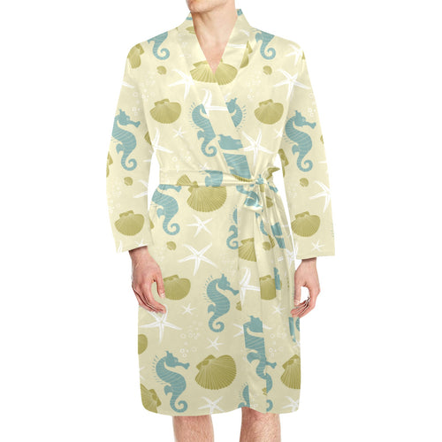 Seahorse shell starfish pattern background Men's Long Sleeve Belted Night Robe