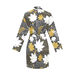 Beautiful gold autumn maple leaf pattern Women's Long Sleeve Belted Night Robe