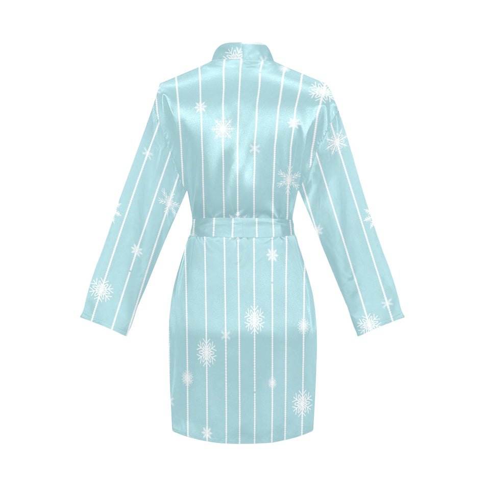 Snowflake pattern blue stripe background Women's Long Sleeve Belted Night Robe