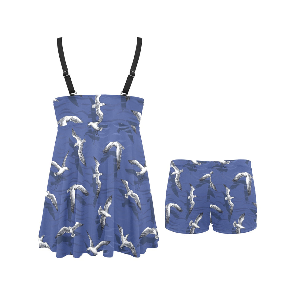 Seagull Pattern Print Design 03 Chest Sexy Pleated Two Piece Swim Dress