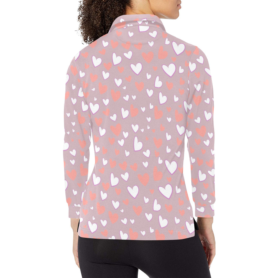coral white heart pattern Women's Long Sleeve Polo Shirt
