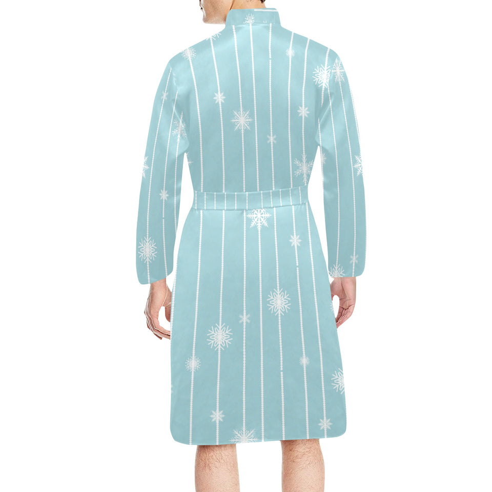 Snowflake pattern blue stripe background Men's Long Sleeve Belted Night Robe