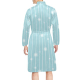 Snowflake pattern blue stripe background Men's Long Sleeve Belted Night Robe