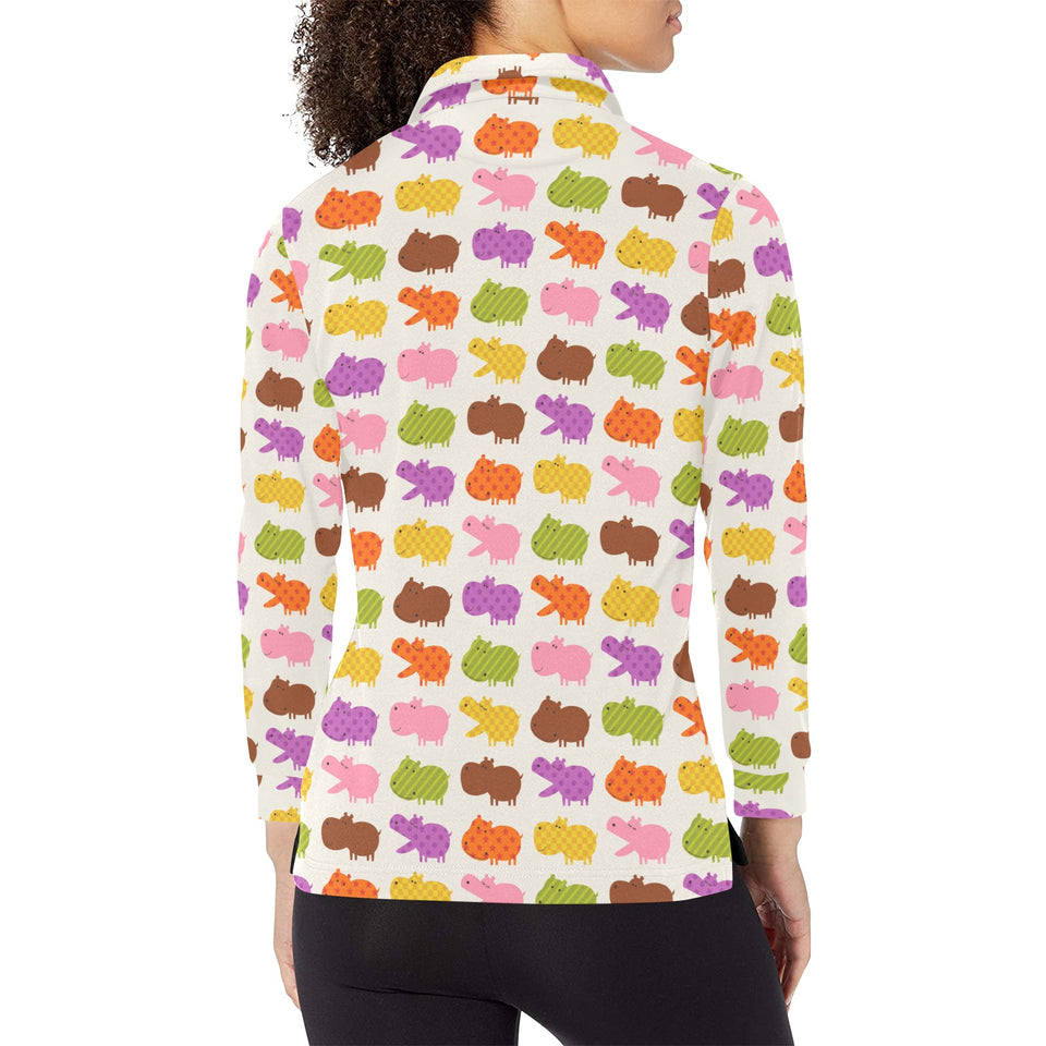 Hippopotamus Pattern Print Design 01 Women's Long Sleeve Polo Shirt