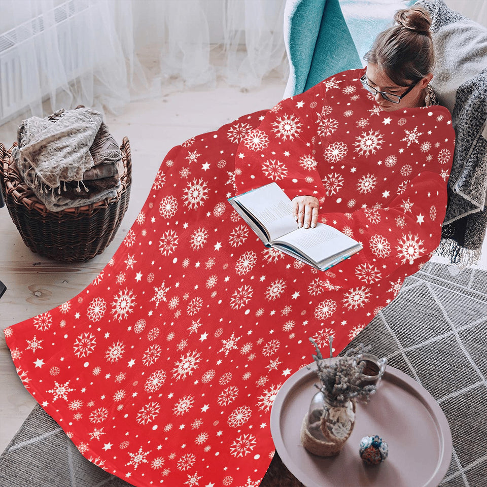Snowflake pattern red background Blanket Robe with Sleeves