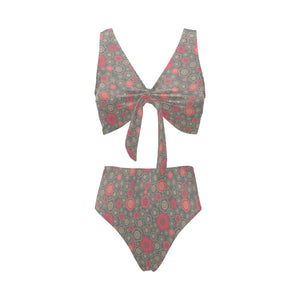 Red gold Sakura cherry blossom gray background Chest Bowknot High Waisted Bikini Swimsuit