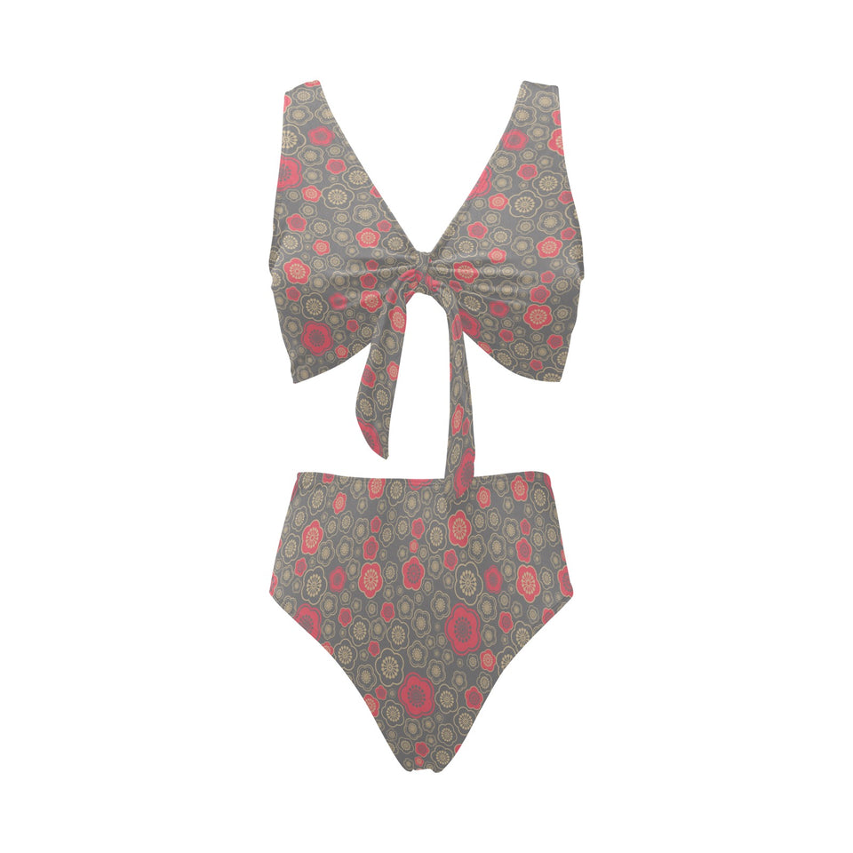 Red gold Sakura cherry blossom gray background Chest Bowknot High Waisted Bikini Swimsuit
