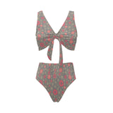Red gold Sakura cherry blossom gray background Chest Bowknot High Waisted Bikini Swimsuit