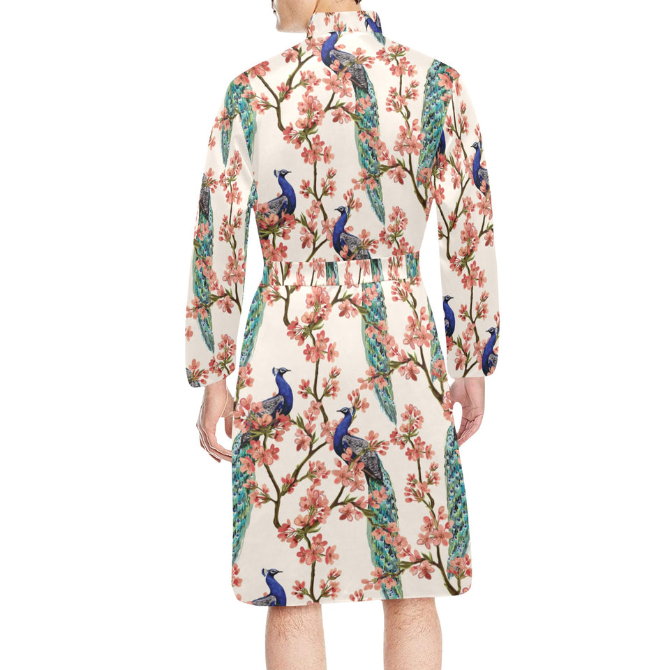 Peacock tropical flower pattern Men's Long Sleeve Belted Night Robe