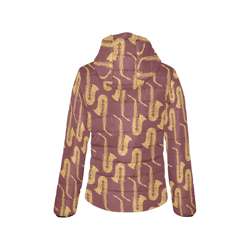 Hand drawn gold saxophone red background Women's Padded Hooded Jacket