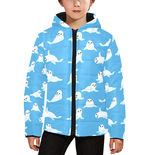Cute sea lion seal pattern background Kids' Boys' Girls' Padded Hooded Jacket