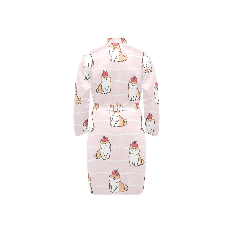 Cute Shiba Inu Dog Apple pattern Men's Long Sleeve Belted Night Robe