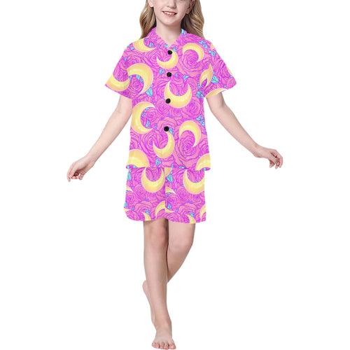 Moon pink rose background Kids' Boys' Girls' V-Neck Short Pajama Set