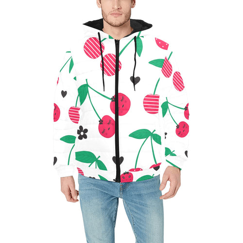 cherry pattern white background Men's Padded Hooded Jacket