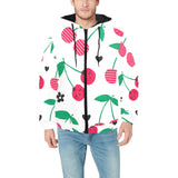 cherry pattern white background Men's Padded Hooded Jacket