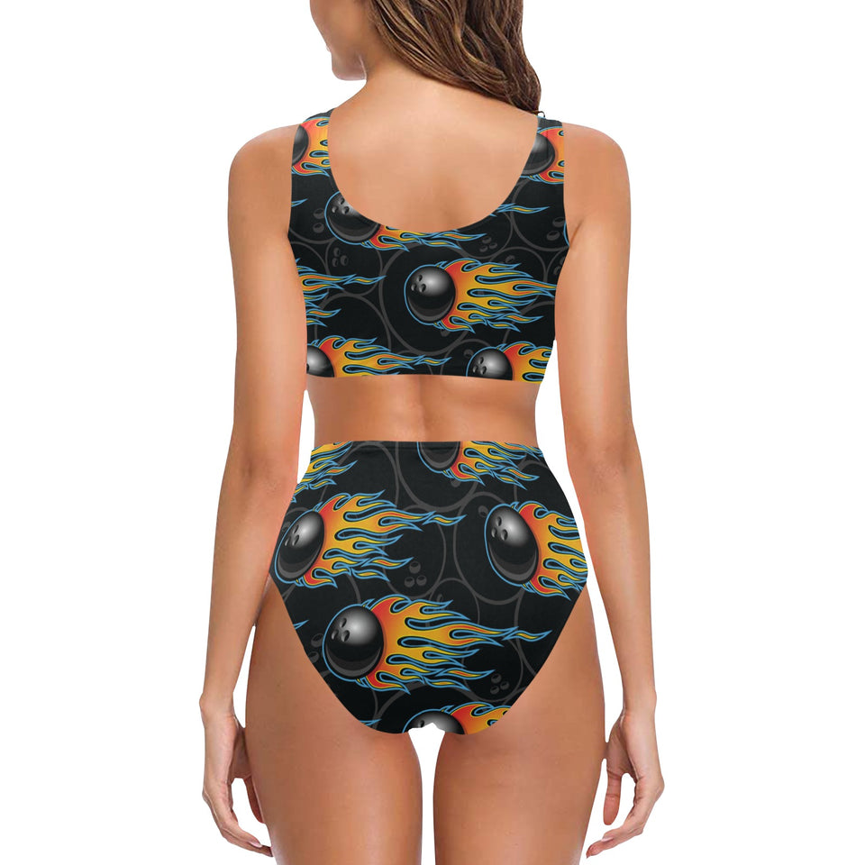 Bowling balls flame pattern Chest Bowknot High Waisted Bikini Swimsuit