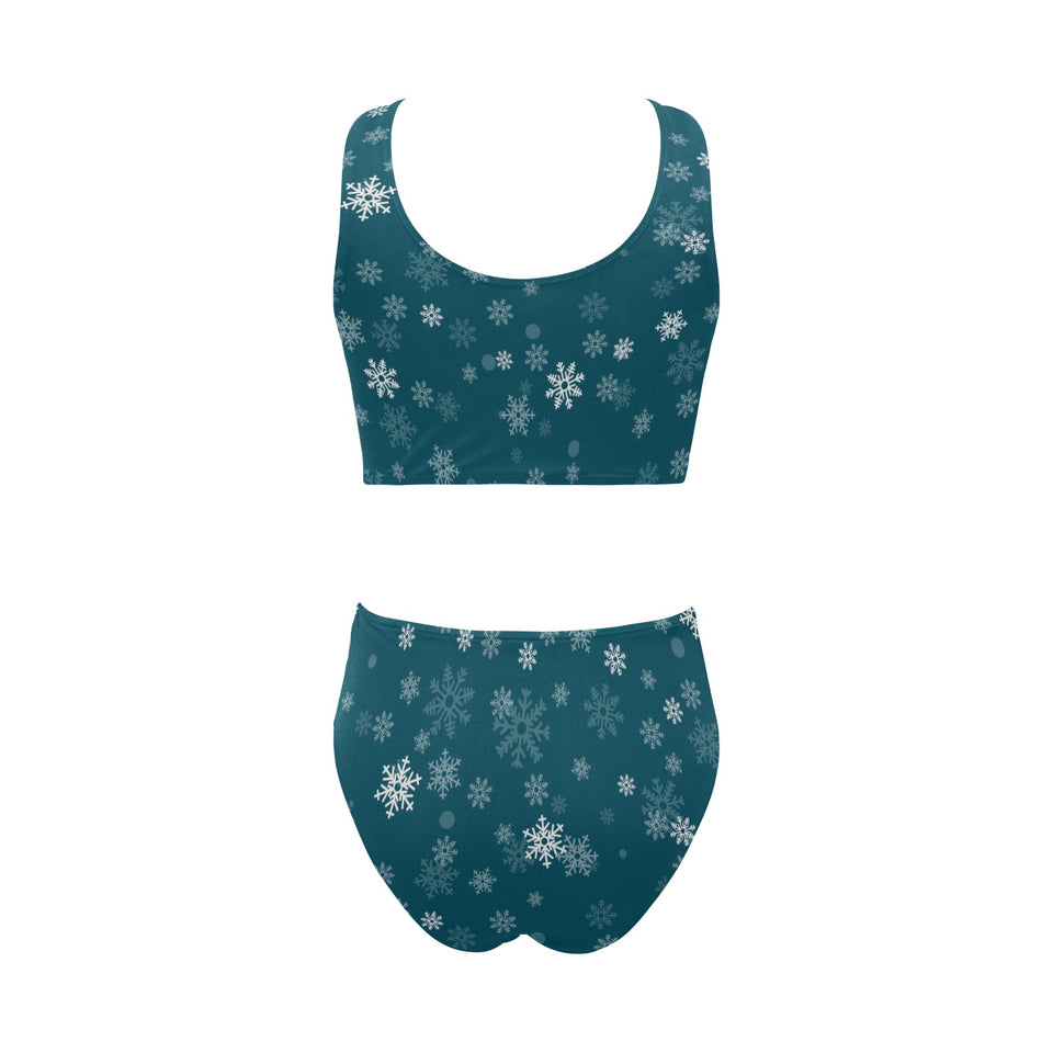Snowflake pattern dark background Chest Bowknot High Waisted Bikini Swimsuit