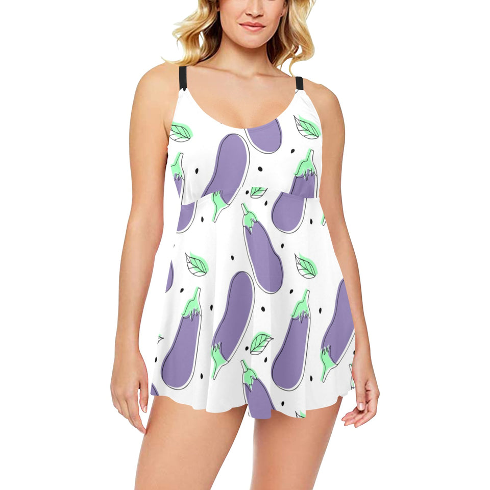 Eggplant Pattern Print Design 05 Chest Sexy Pleated Two Piece Swim Dress