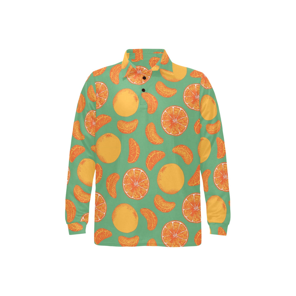 orange fruit pattern green background Men's Long Sleeve Polo Shirt