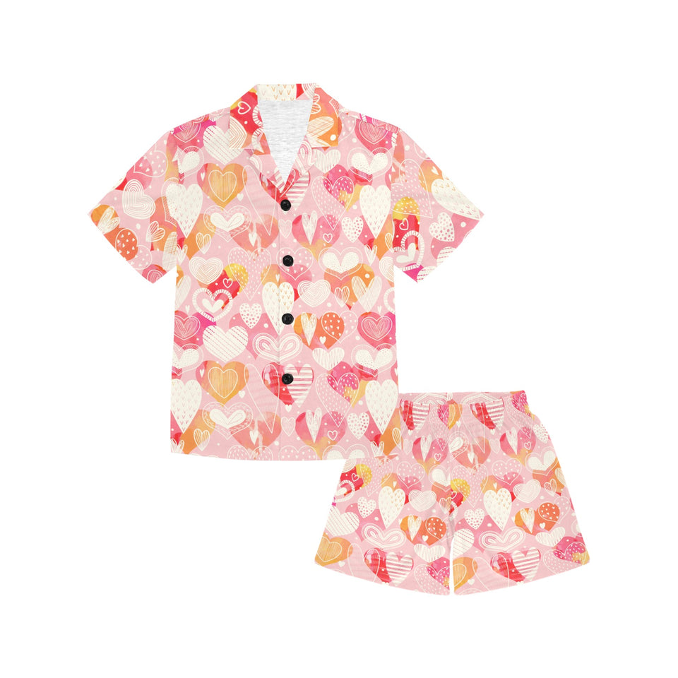 Hand drawn heart design pattern Kids' Boys' Girls' V-Neck Short Pajama Set