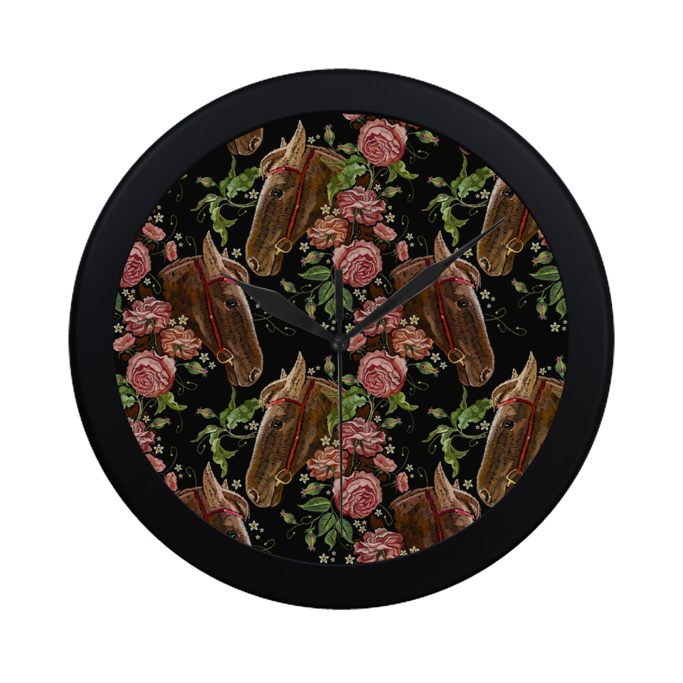 Horse head wild roses pattern Elegant Black Wall Clock
