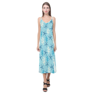 Blue starfish coral reef pattern V-Neck Open Fork Long Dress