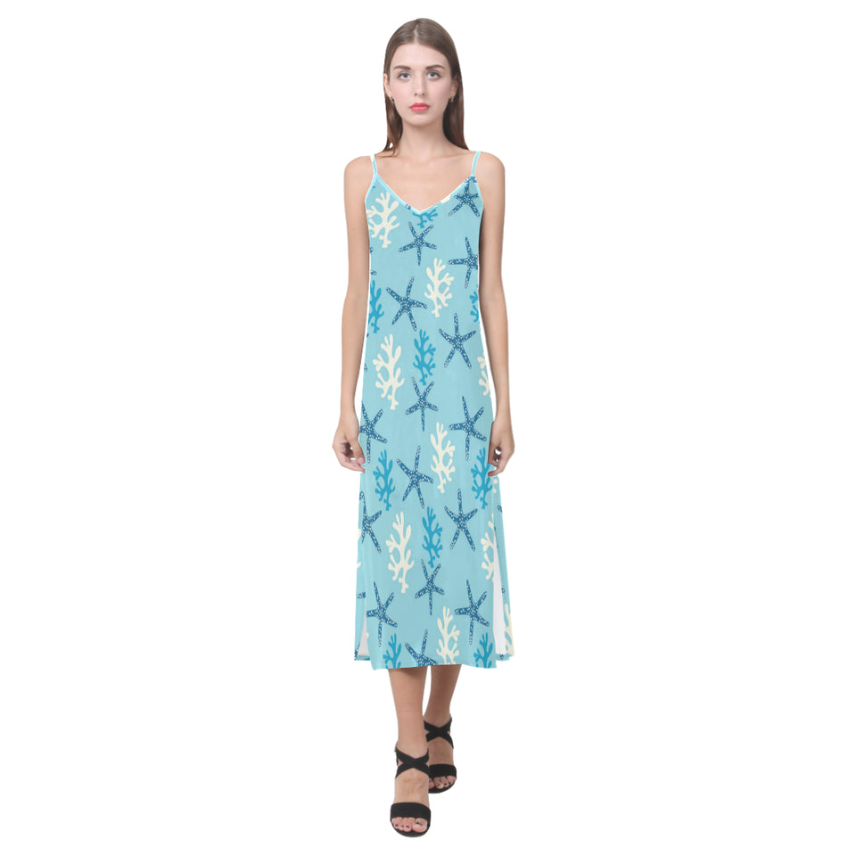 Blue starfish coral reef pattern V-Neck Open Fork Long Dress