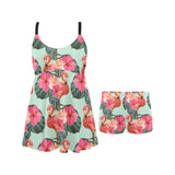 Beautiful flamingo tropical palm leaves hibiscus p Chest Sexy Pleated Two Piece Swim Dress